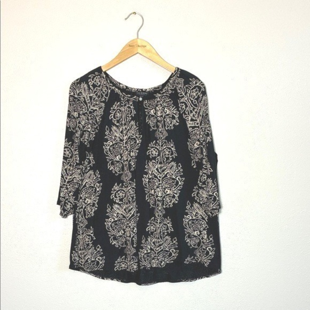 LUCKY BRAND Woman Plus 1X Black Cream Print Viscose 3/4 Sleeve Boho Top Office